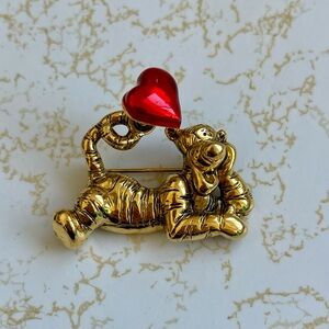 Vintage Disney Valentines Tigger Love Brooch Pin Spring 3D Heart Red Enamel Gold